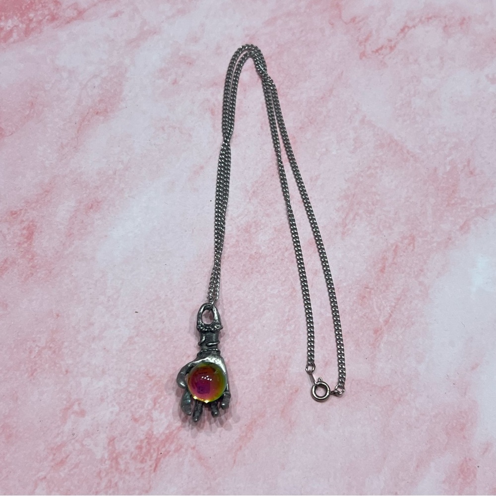 Vintage Hand & Iridescent Crystal Ball Pendant Necklace Silver Tone Witchy